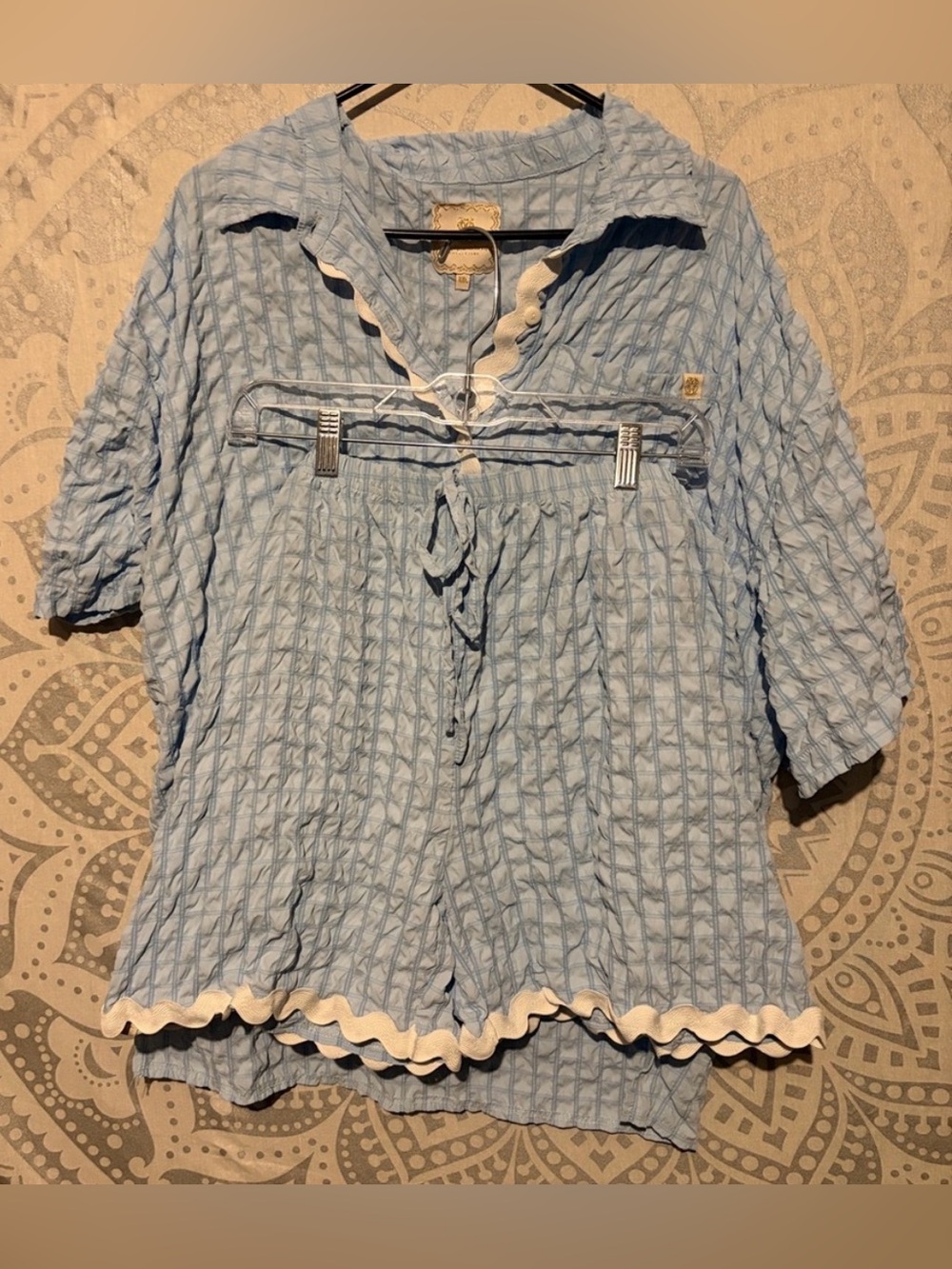 🩵 Simply Southern Blue Seersucker Plaid Pajama Set Ric Rac Trim | XXL 🩵
